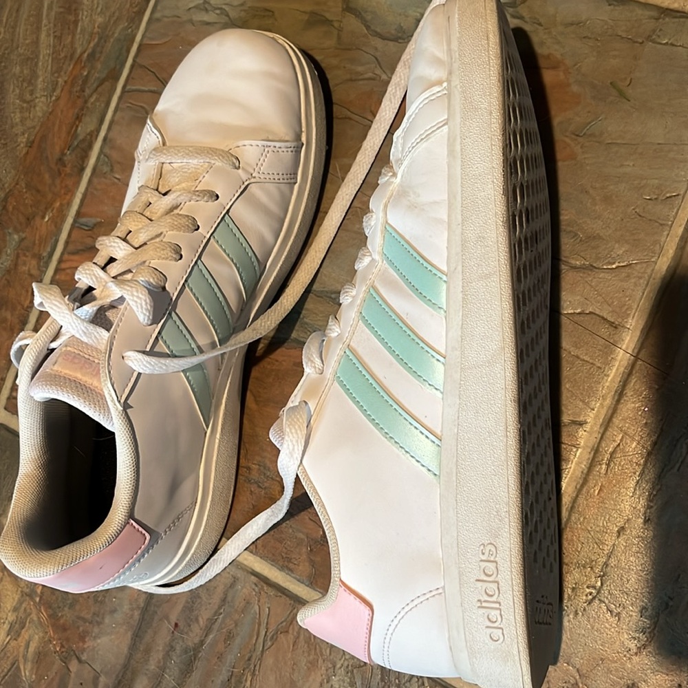 Women’s size 7 Adidas Court shoes, white with mint green and light pink